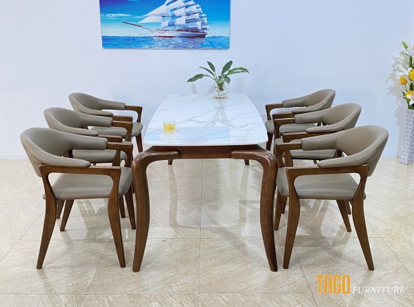 Bộ bàn ăn Mặt đá RUDY 6 ghế gỗ sồi - R6S18B