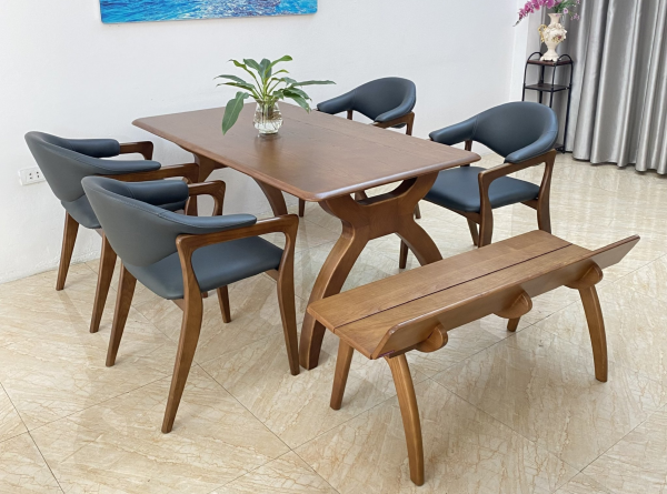 Bộ bàn ăn RUDY- Bàn ROMAN- 4 ghế 1 bench- RR4C1B